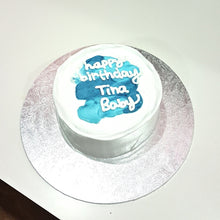 Load image into Gallery viewer, white korean minimalist cake with blue abstract pain strokes and happy birthday wordings
